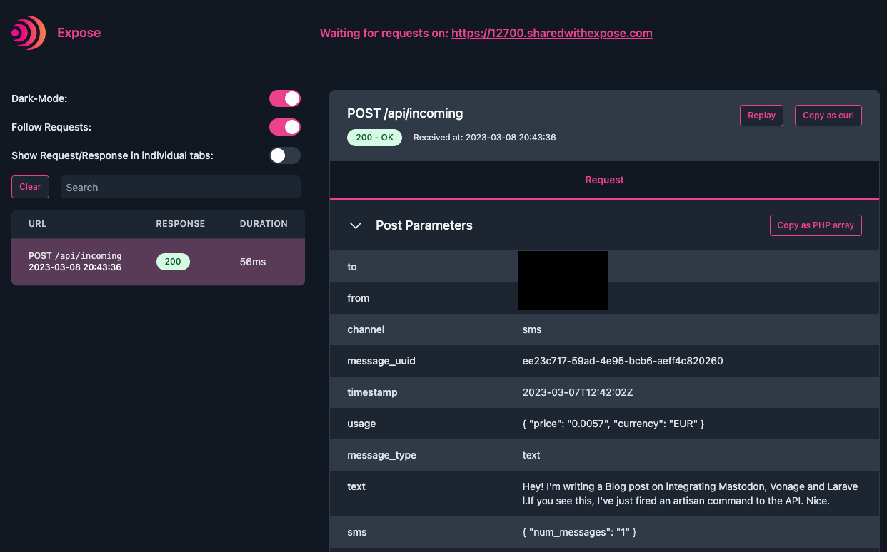 Screenshot of Expose with the incoming webhook recorded in the dashboard