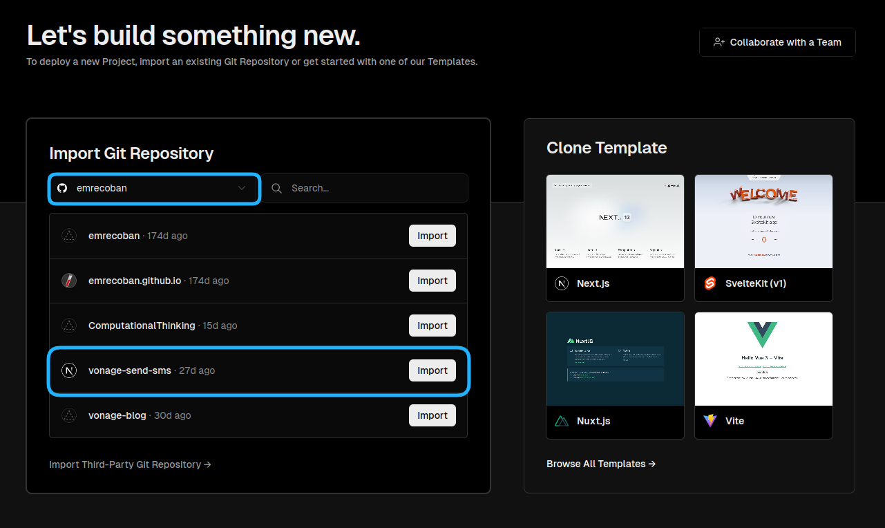 Vercel New Project Page