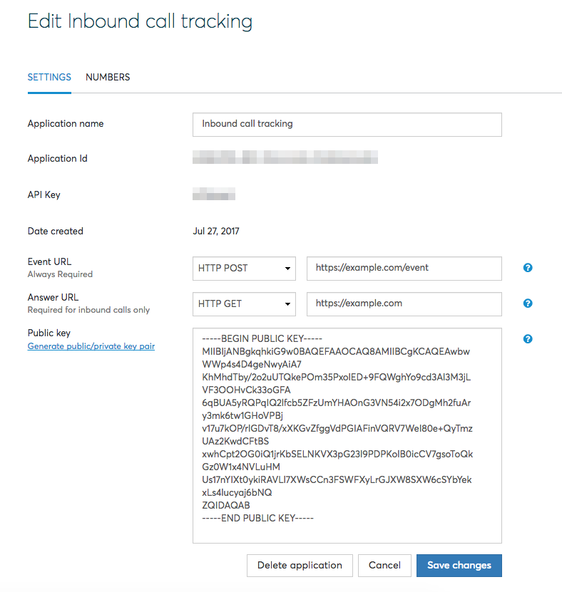 Nexmo application creation screen