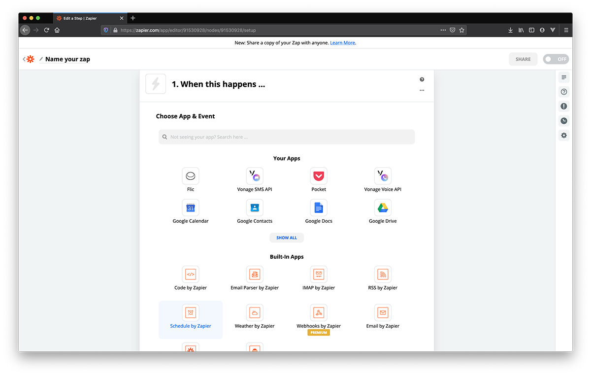 Select Schedule by Zapier from the list of built-in apps