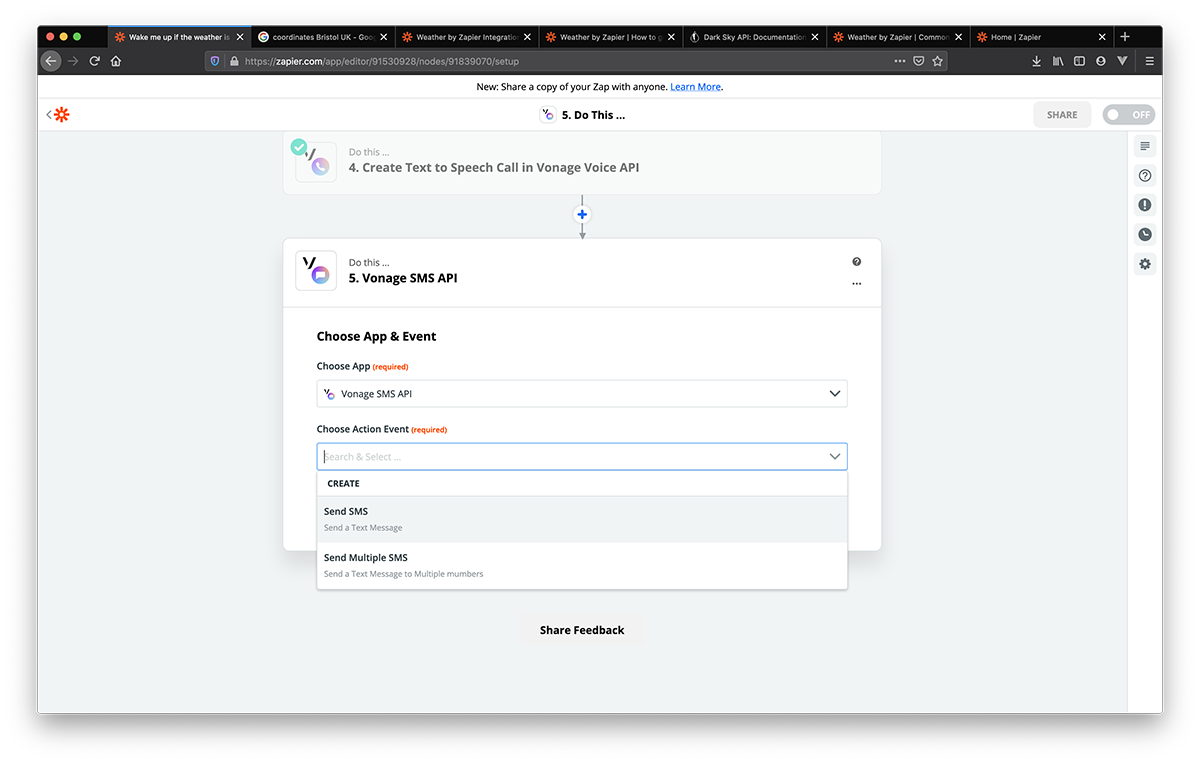 Vonage SMS API integration in Zapier. Select Send SMS from action event drop-down