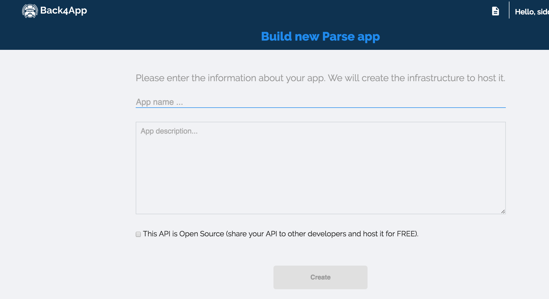 Creating a new app in Back{4}App