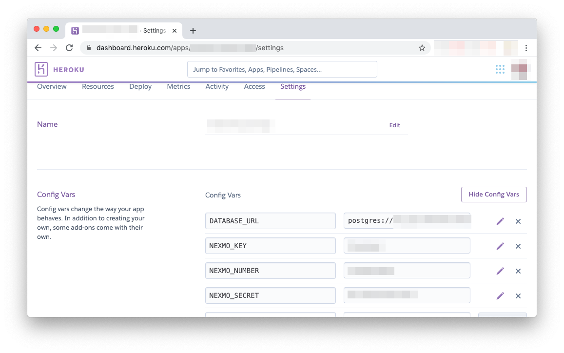 Config Vars interface in Heroku
