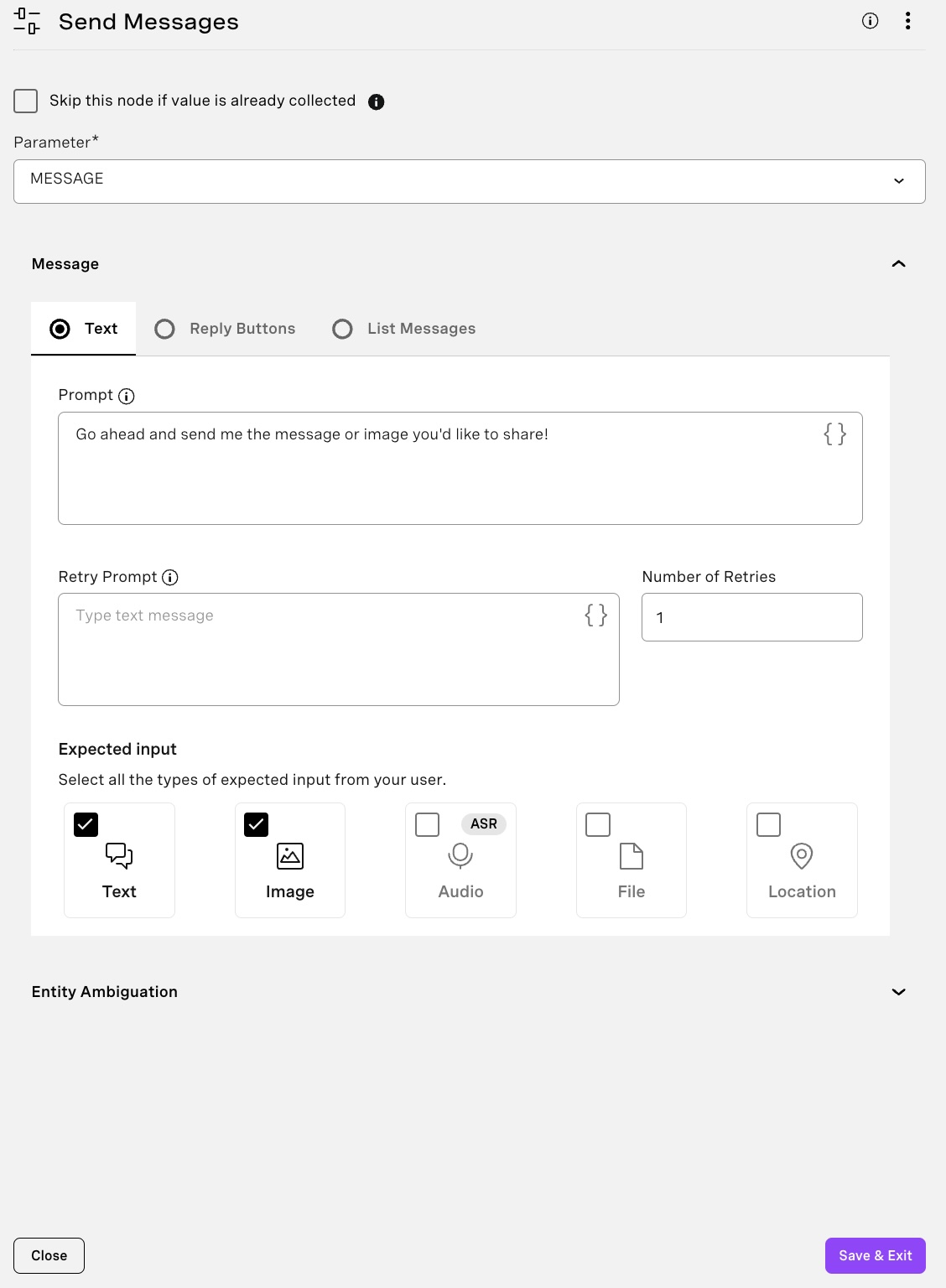 A node linked to ‘Send’ of type ‘Collect Input’ and in the prompt add a message along the lines of ‘Go ahead and send me the message or image you'd like to share!’ and select ‘Text’ and ‘Image’ as expected input, as this is what we expect our users to send!