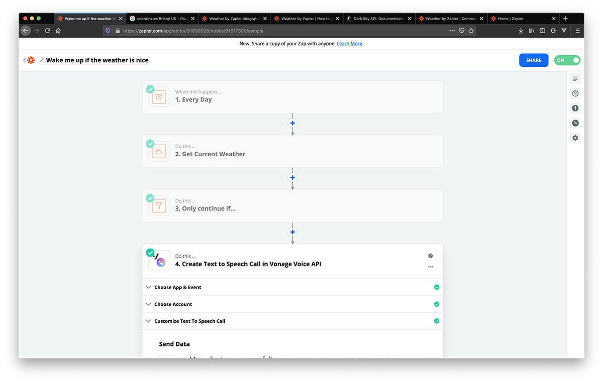 Zapier workflow for weather notifications using Zapier's built-in Apps and the Vonage APIs