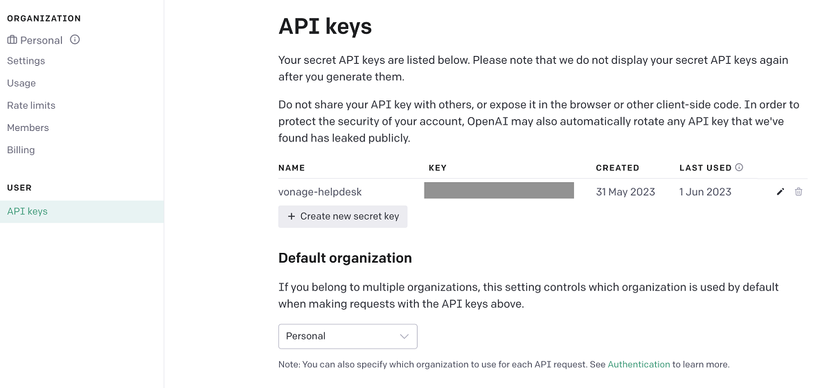 Screenshot of the OpenAI dashboard showing API Key creation