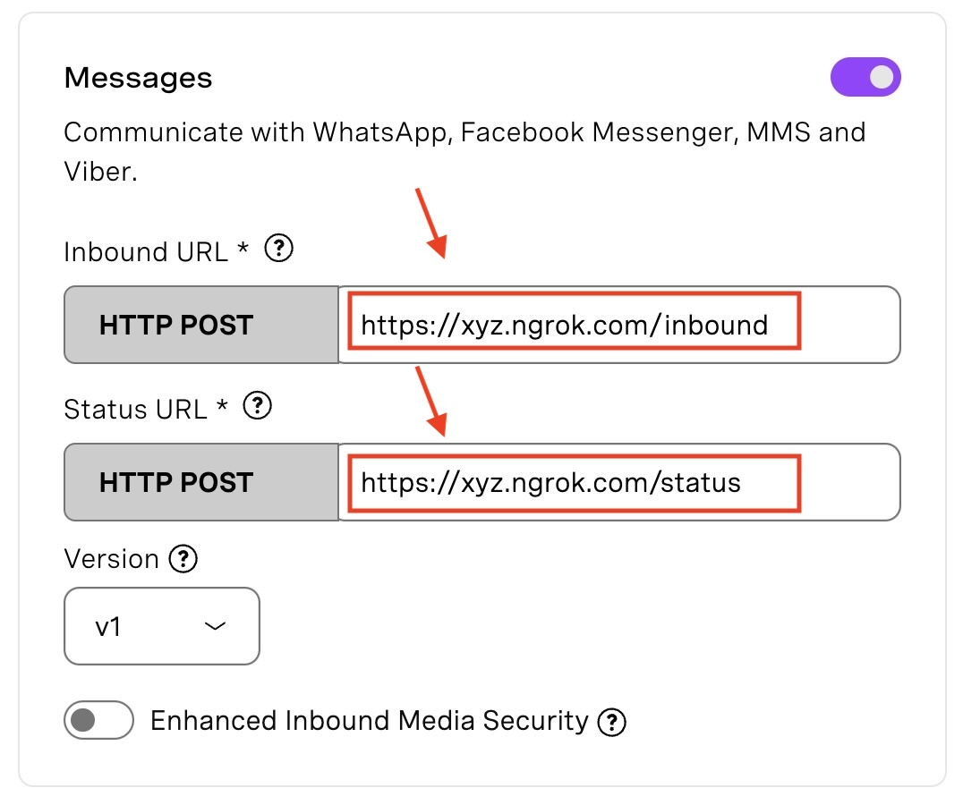  It shows that the Inbound URL and the Status URL should be filled with the ngrok url followed by /inbound and /status respectively.