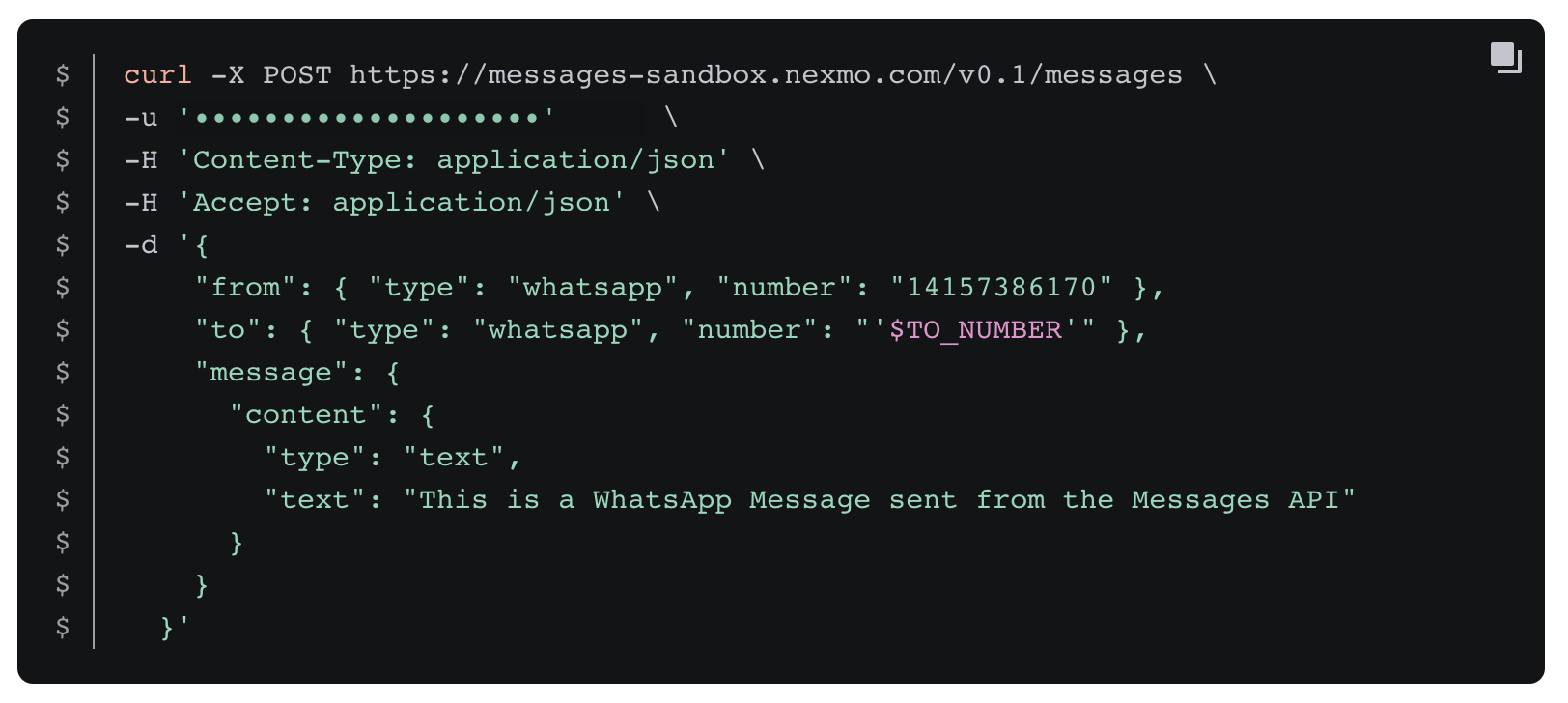 The CURL command required to send a WhatsApp message
