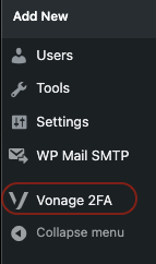 Screenshot of WordPress Admin Menu now showing Vonage 2FA link