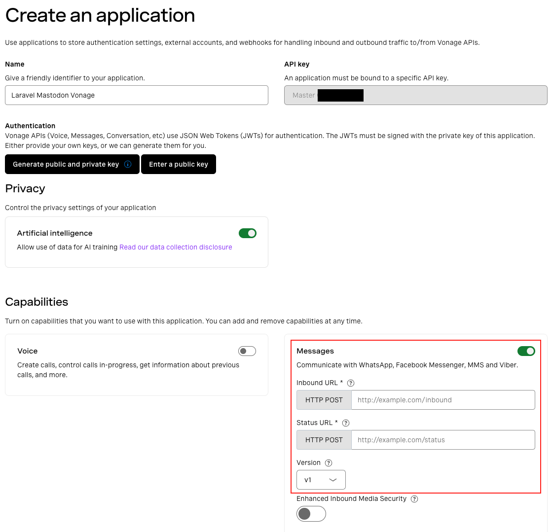 Screenshot of a Vonage Application in the Dashboard, highlighting the webhook settings for Messages