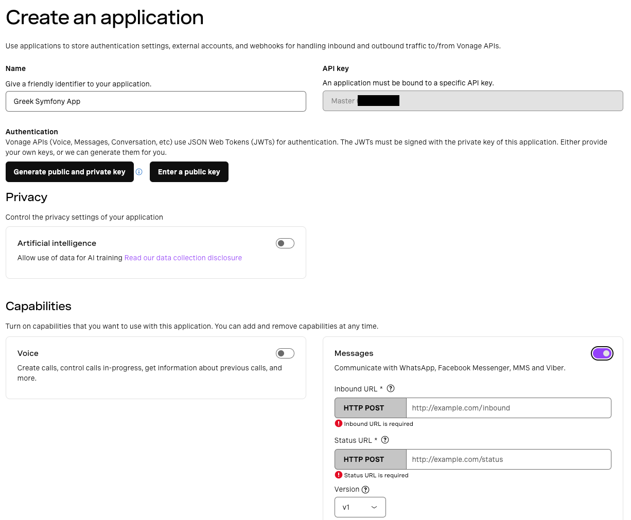 Screenshot of application creation in the Vonage Dashboard
