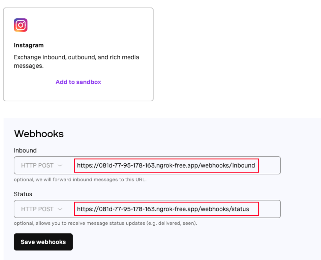 Screenshot of the webhooks section in the Messages Sandbox