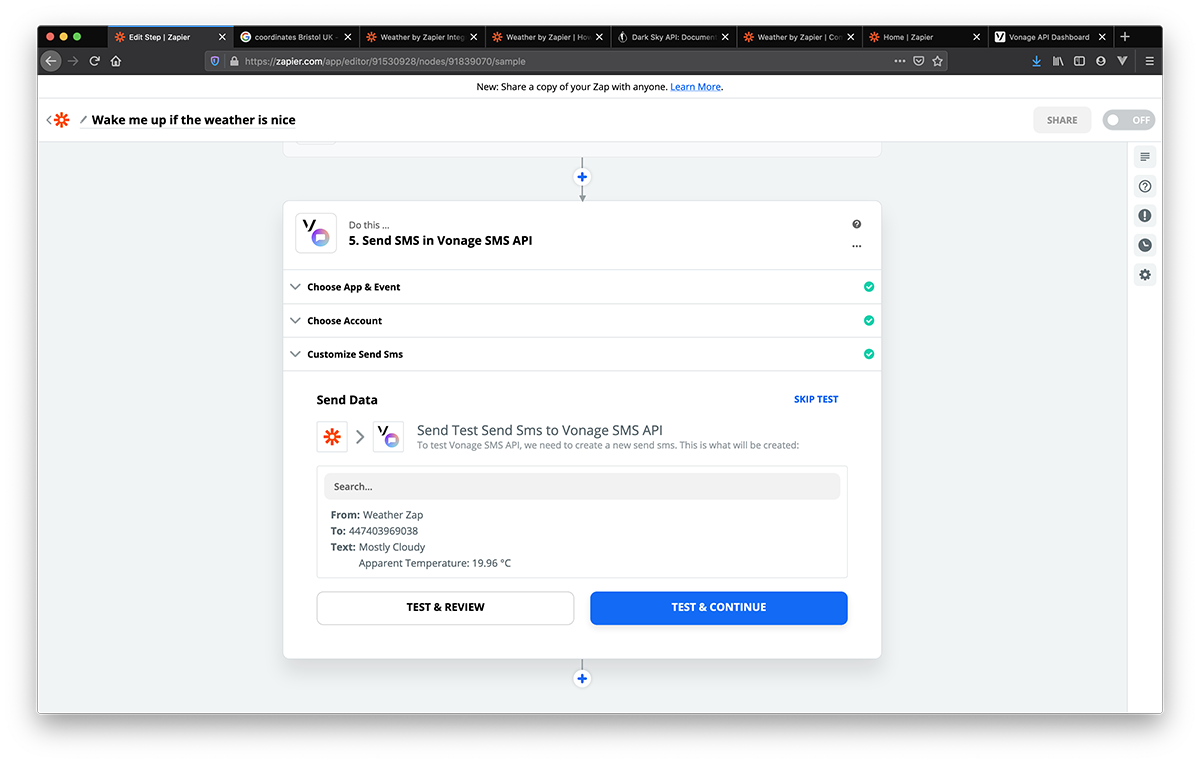 Zapier test data for sending SMS messages vith Vonage SMS
