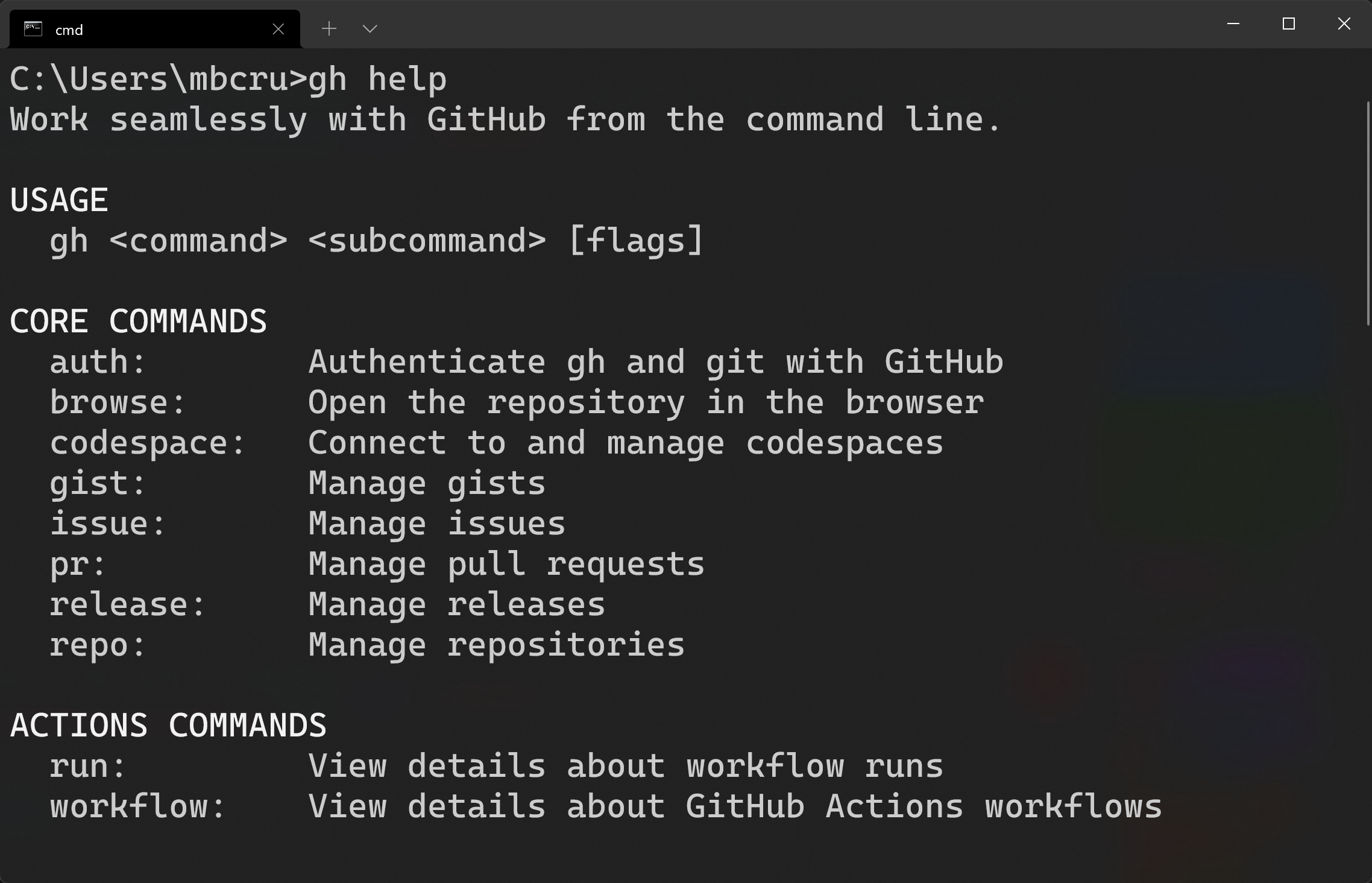 Running gh help