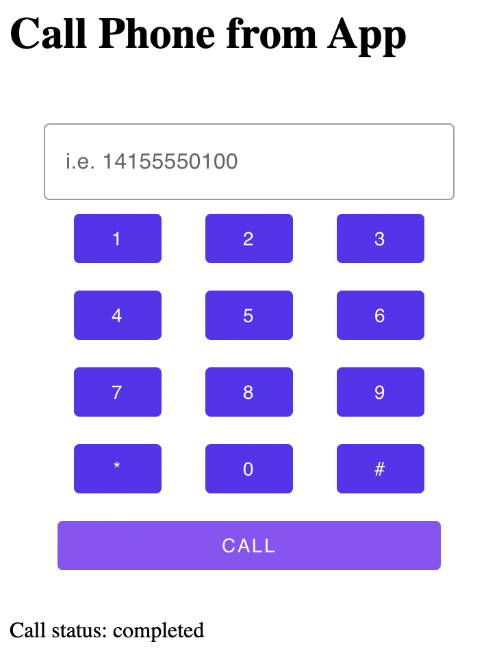 Screenshot of the Making an in-app voice call tutorial with the Vonage keypad Web Component integrated
