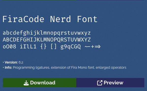 This image displays a window from the macOS font book titled 3 typefaces showing FiraCode Nerd Font as a dropdown option.