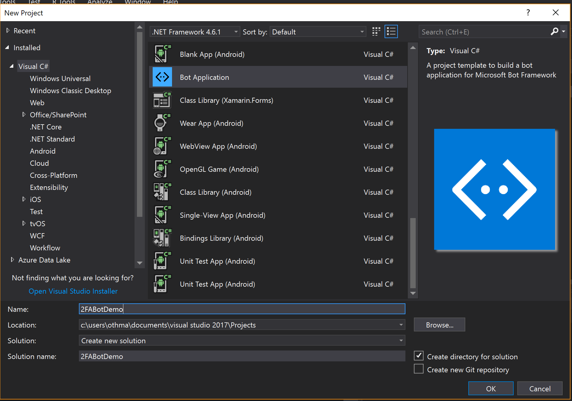 screenshot showing set up and saving bot project