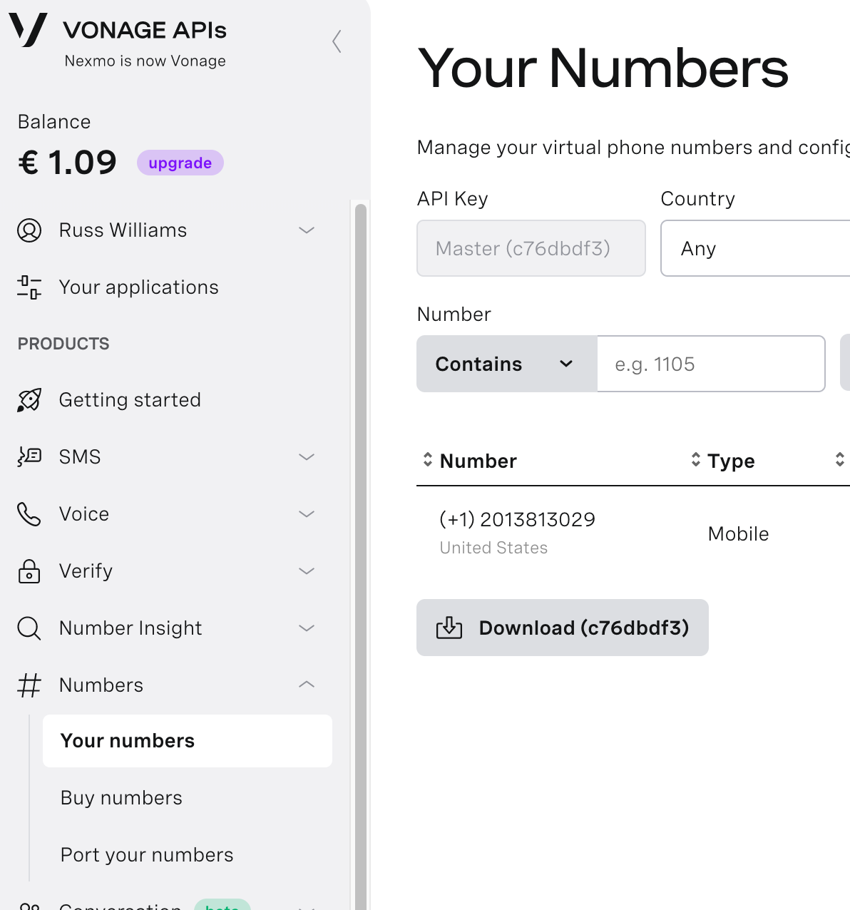 Screenshot showing example of buying a number in Vonage Dashboard