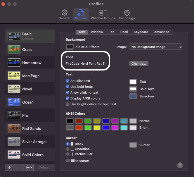 This image shows the window titled Profiles from Terminal with the Text tab opened, showing that FiraCode Nerd Font is set as the font.
