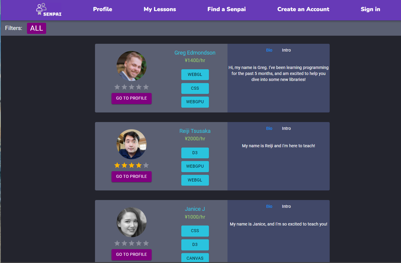 In the “Find a Senpai” page, you can see a list of Senpai when you set the filter to All