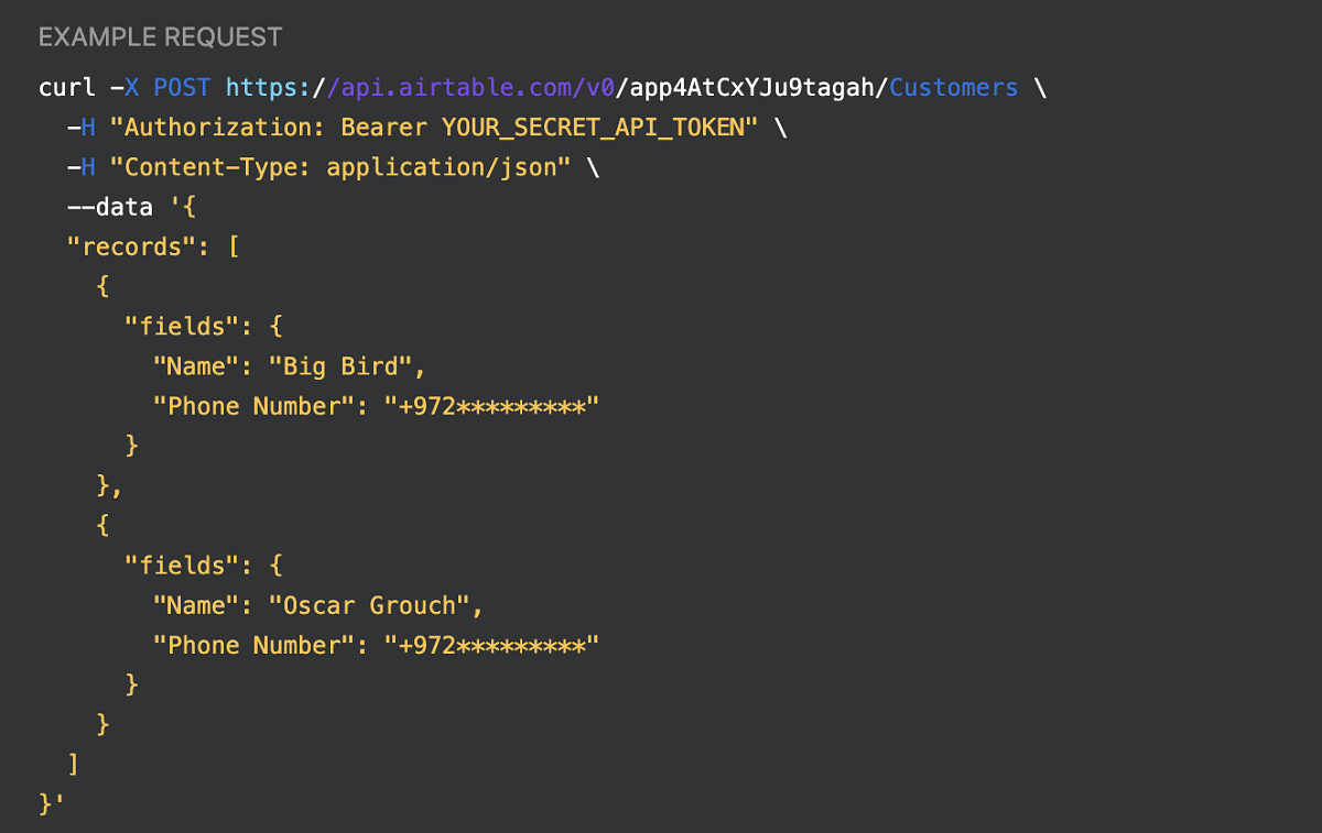 Example of Airtable POST Request