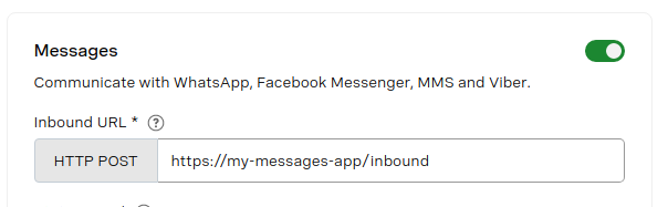 Vonage Dashboard Messages Application Inbound URL setting