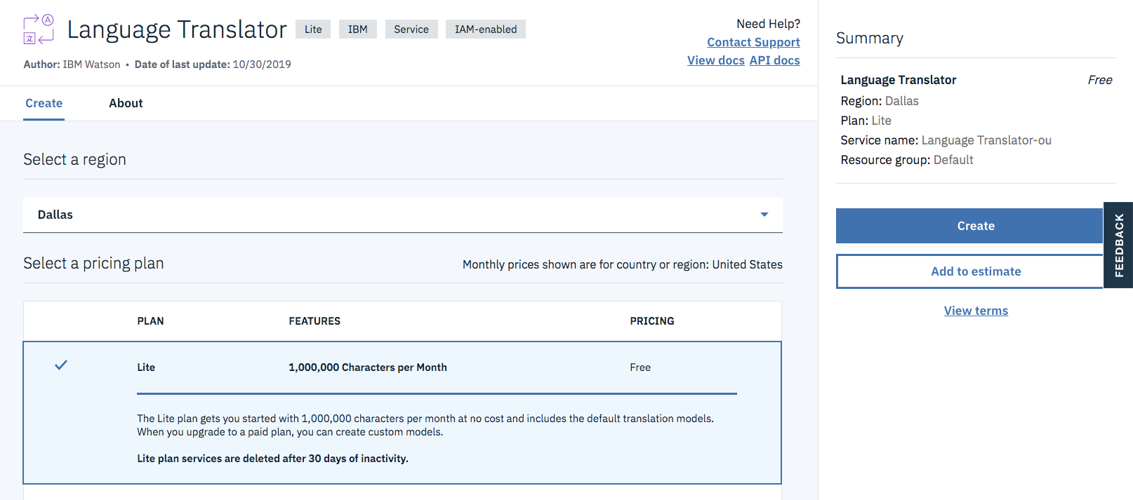 Create Language Translator Service