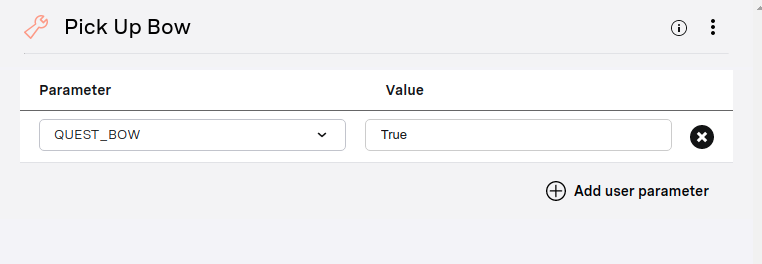 A screenshot showing an the setup for a Set Parameter node, in this case the 'Pick Up Bow' parameter with a Parameter name of 'QUEST_BOW' and a Value of 'True'