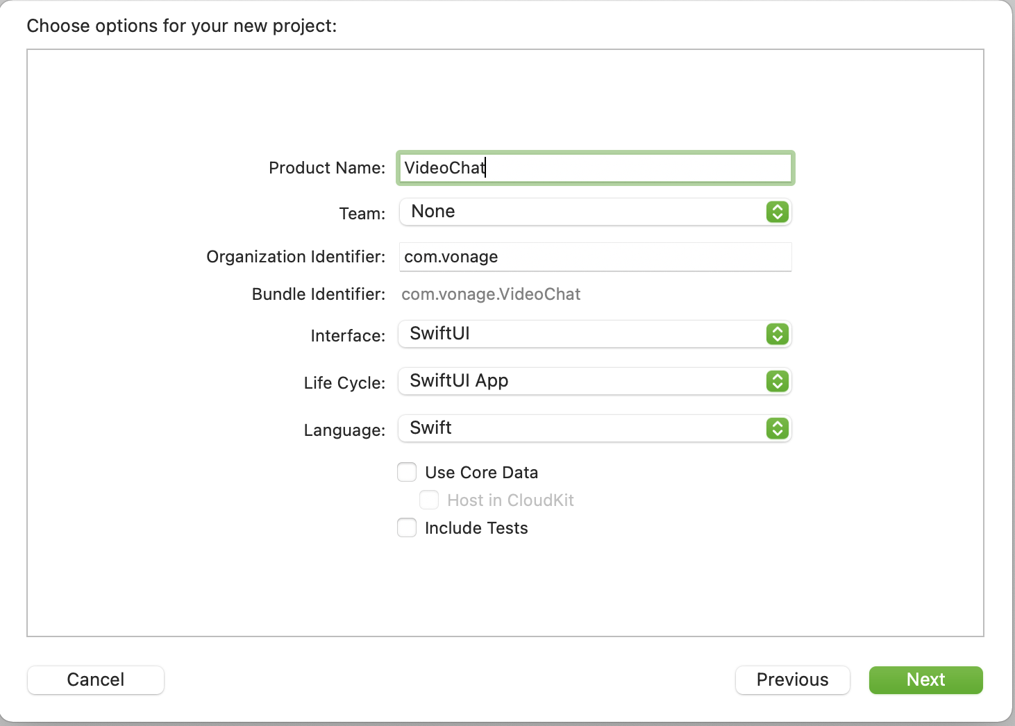 Xcode project creation screen