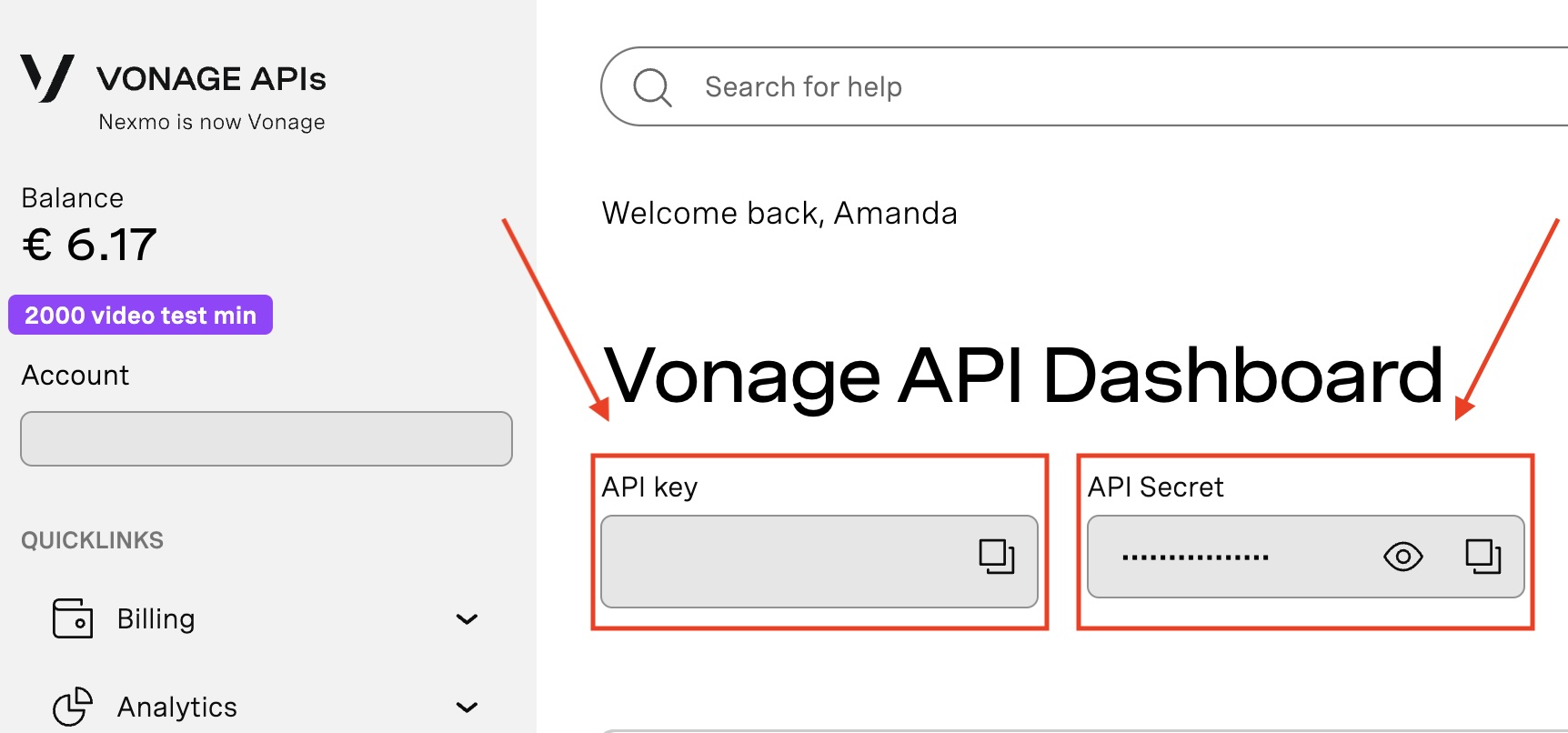 Vonage Dashboard, red arrows showing where to find the API Key and the API Secret.