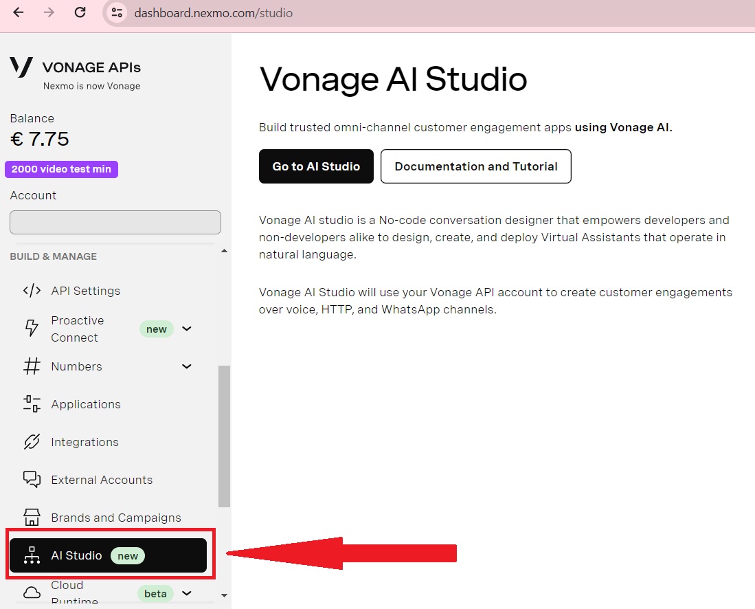 The Vonage dashboard shows that ‘AI Studio’ can be found on the left menu.