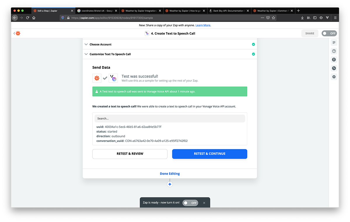 Create Vonage text to speech call final test in Zapier