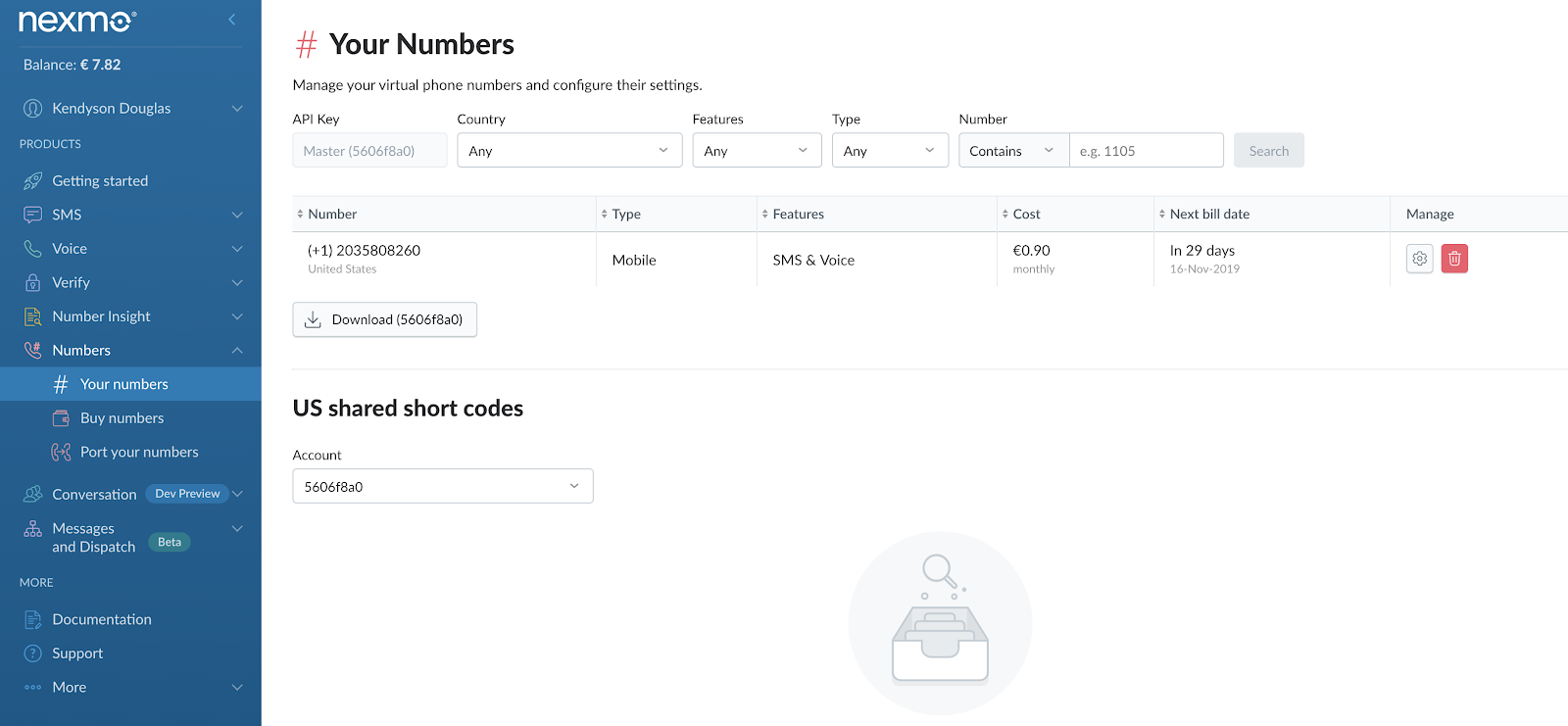 Screenshot showing the Nexmo dashboard with a list of your numbers
