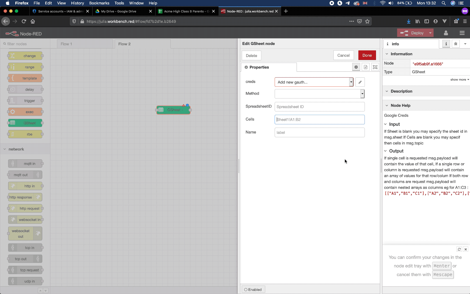 google sheets node setup