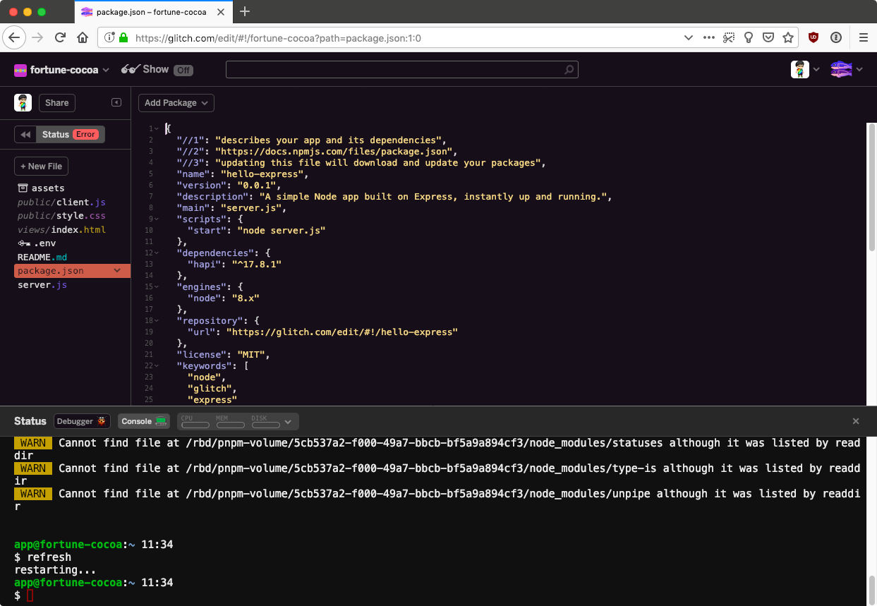 Status of application shows an error