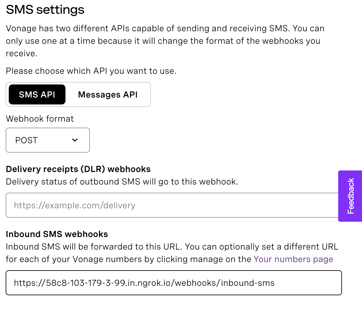Vonage SMS dashboard