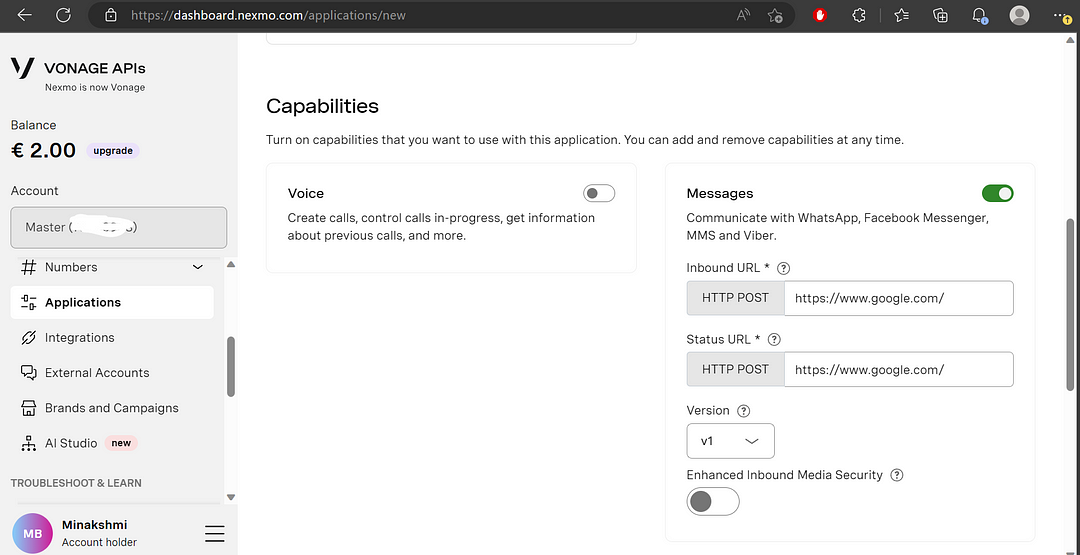 Choose application specifications page