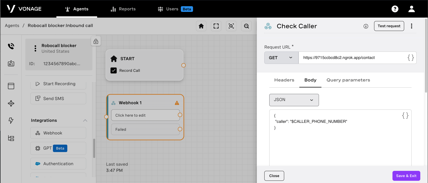 the agent builder webhook node configuration