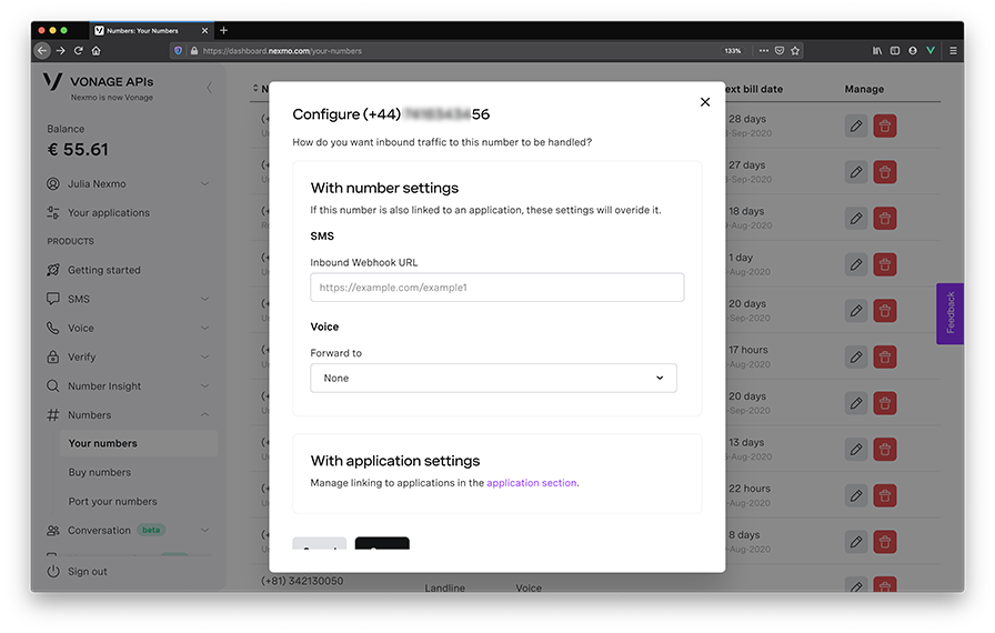 Vonage virtual number config fields in dashboard