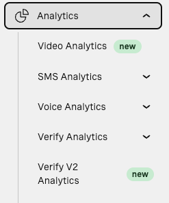 Screenshot of anaytics menu in the Vonage Dashboard