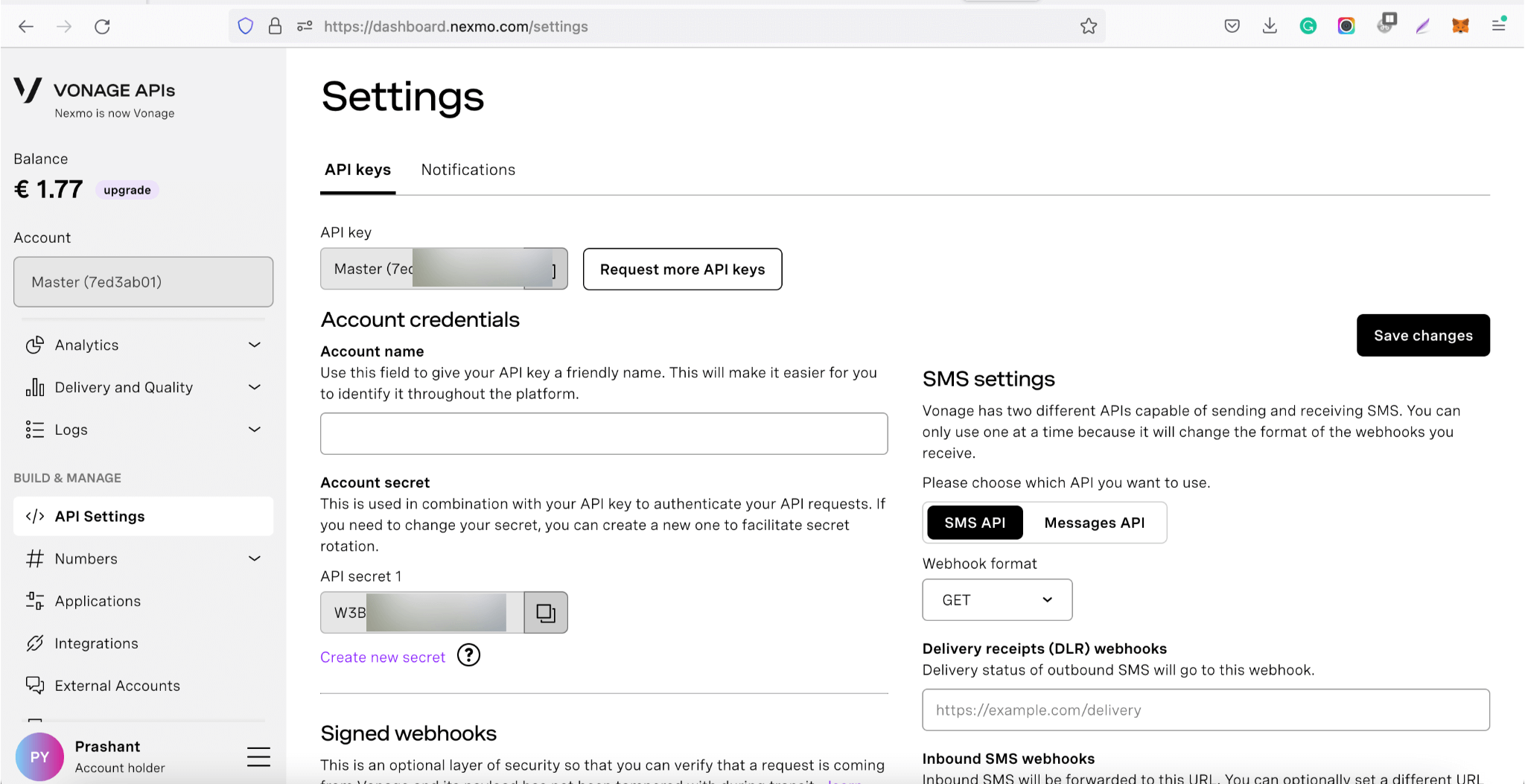 Vonage API dashboard
