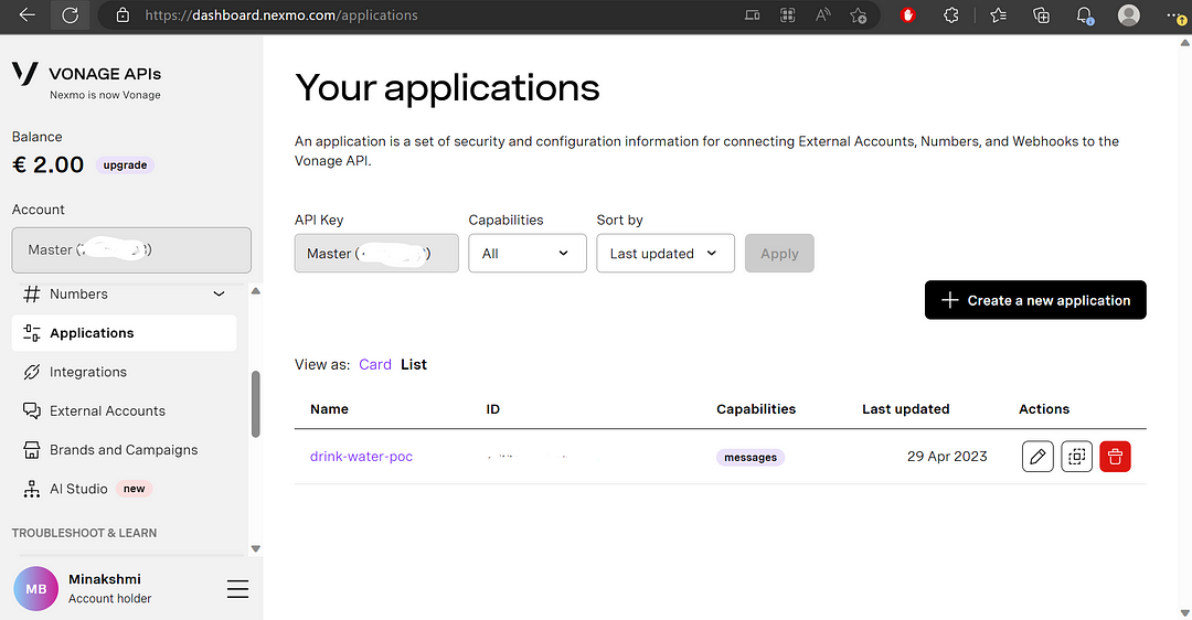 Vonage applications page