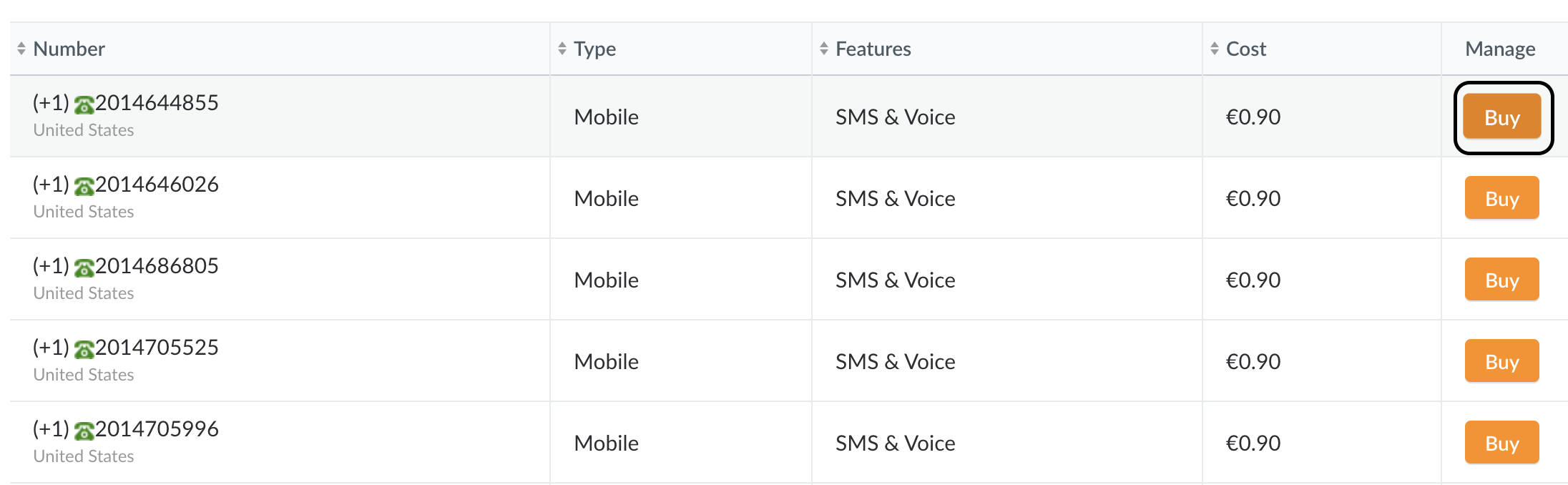 Buy number buttons in list of available numbers