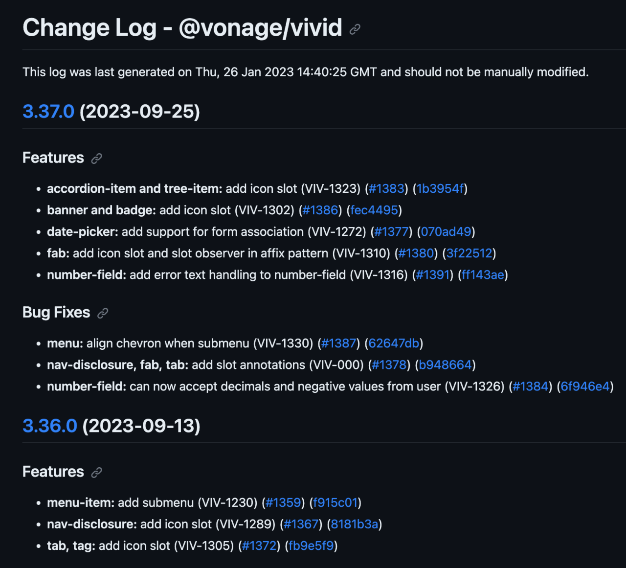 Example of Vivid's Auto Generated Changelog