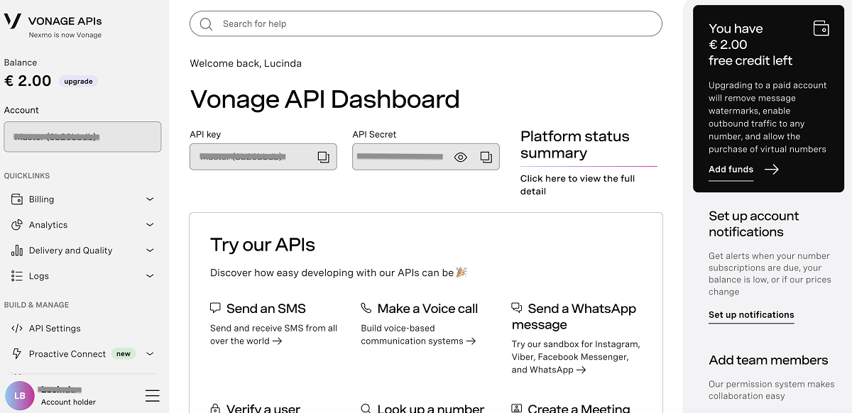Screenshot of Vonage API Dashboard view.