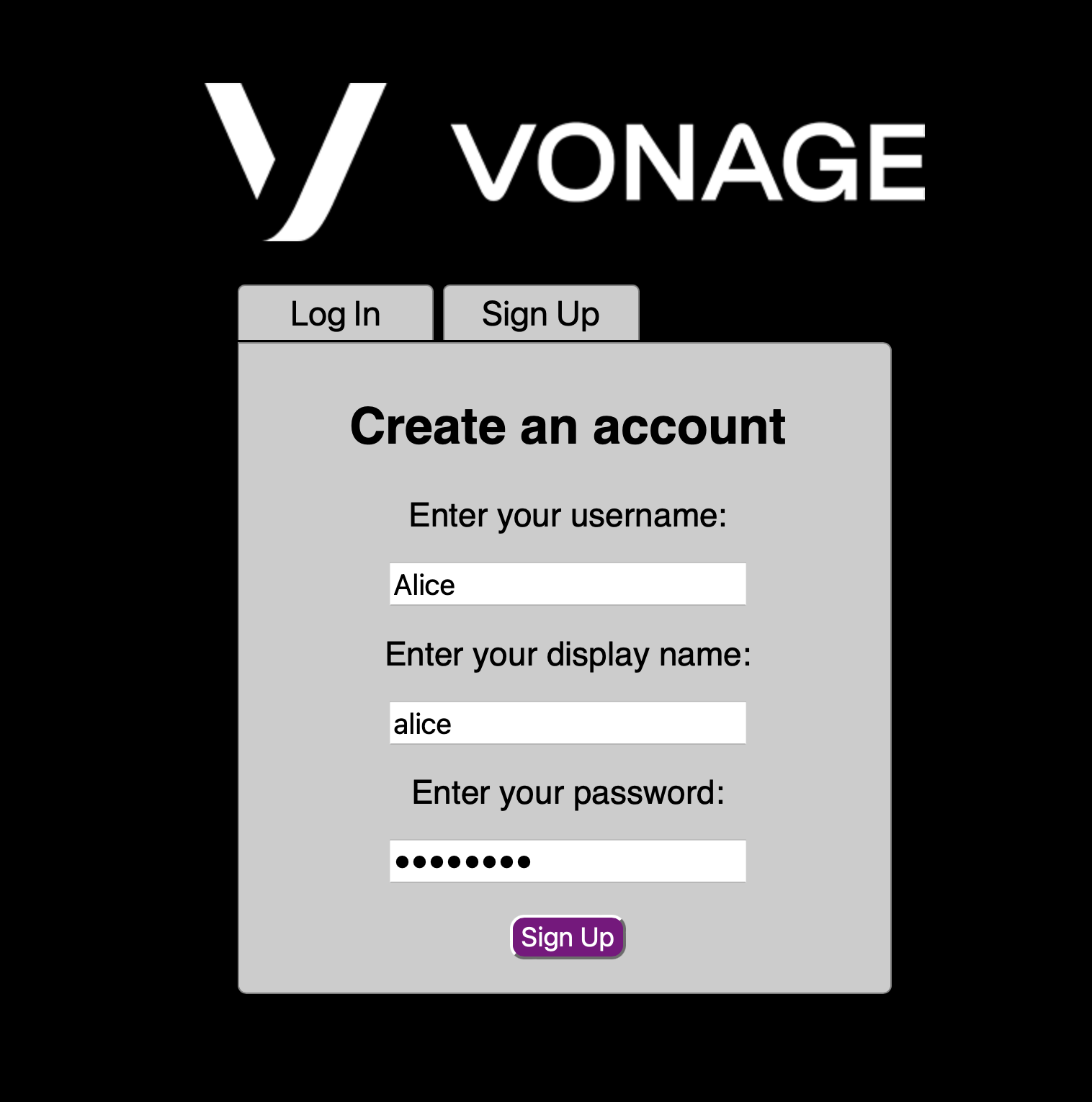Login screen for the web client