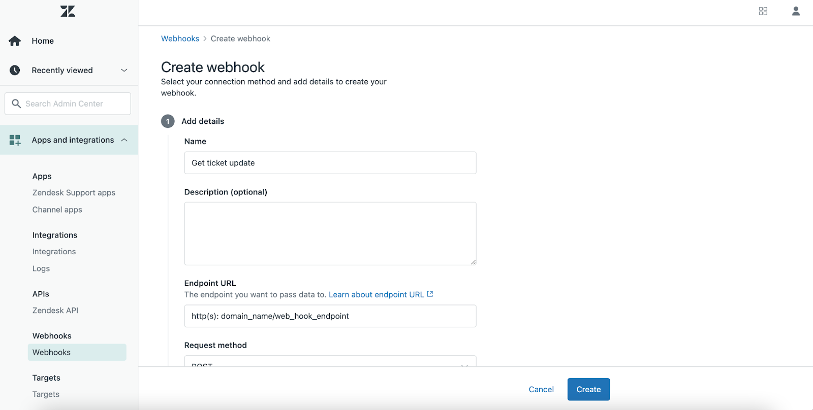 1. Navigate to Apps and integrations from the left-hand menu options. 2. Select webhooks and click on create a new webhook 3. Add details of your webhook, including name, an optional description, endpoint URL, request method and  authentication mechanism