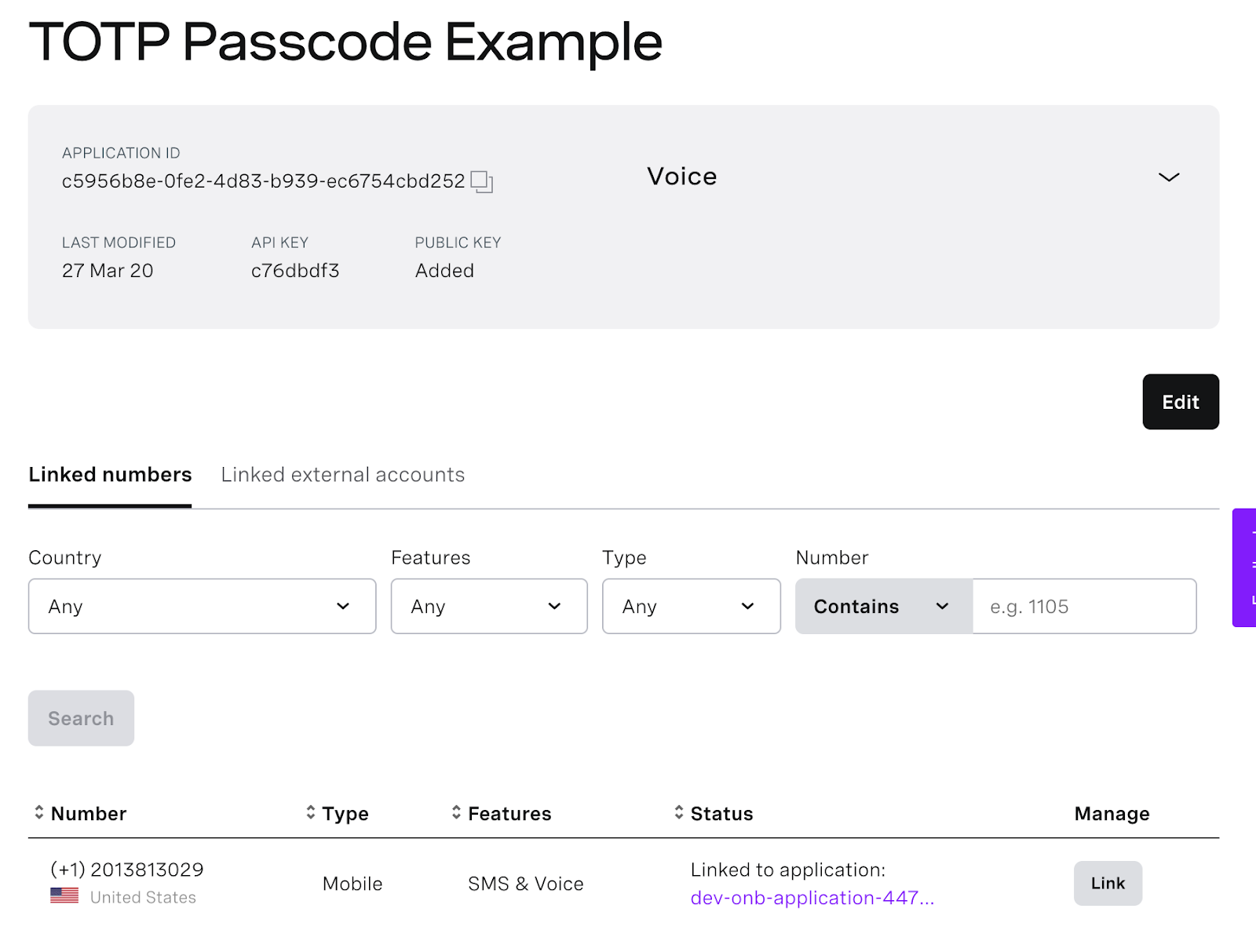 Screenshot showing how to link a number to your application