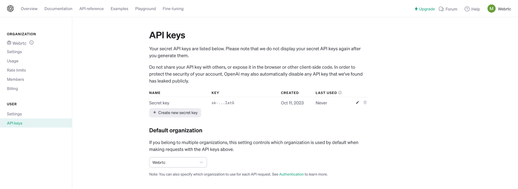 OpenAI Dashboard showing the API key section
