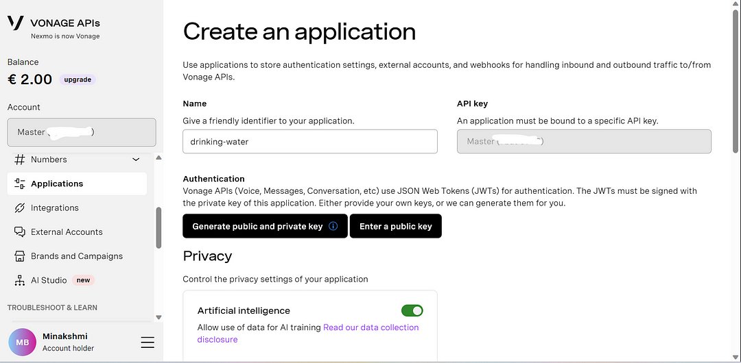 Create a new Vonage application page